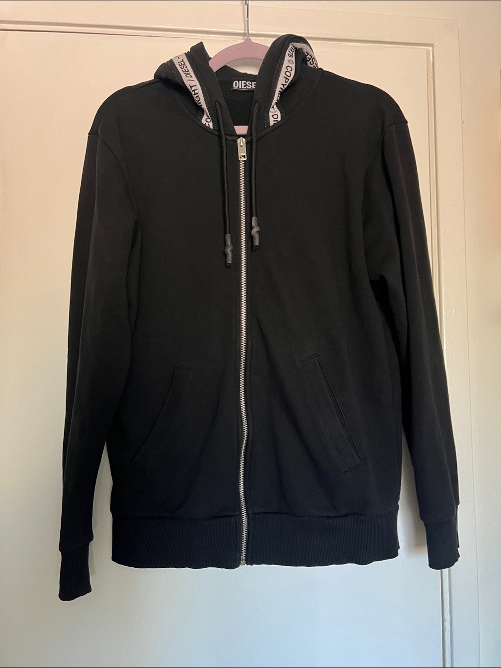Diesel Black Full-Zip Hoodie with Branded Hood Trim. Size Medium.